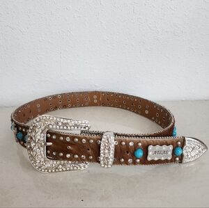 Atlas Brown Leather Belt with Silver and Turquoise Accents Western Bling Belt